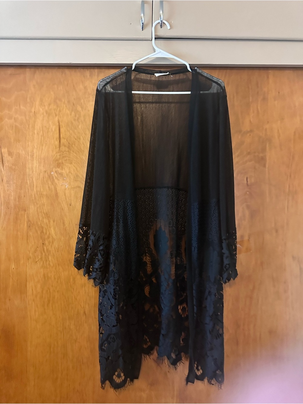 Sheer Black Lace-Trim Kimono